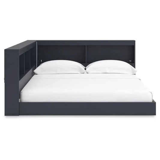 Full size Blue Wooden Corner Storage Bed with Bookcase Headboard and USB Ports - Tampa Home & Garden Store