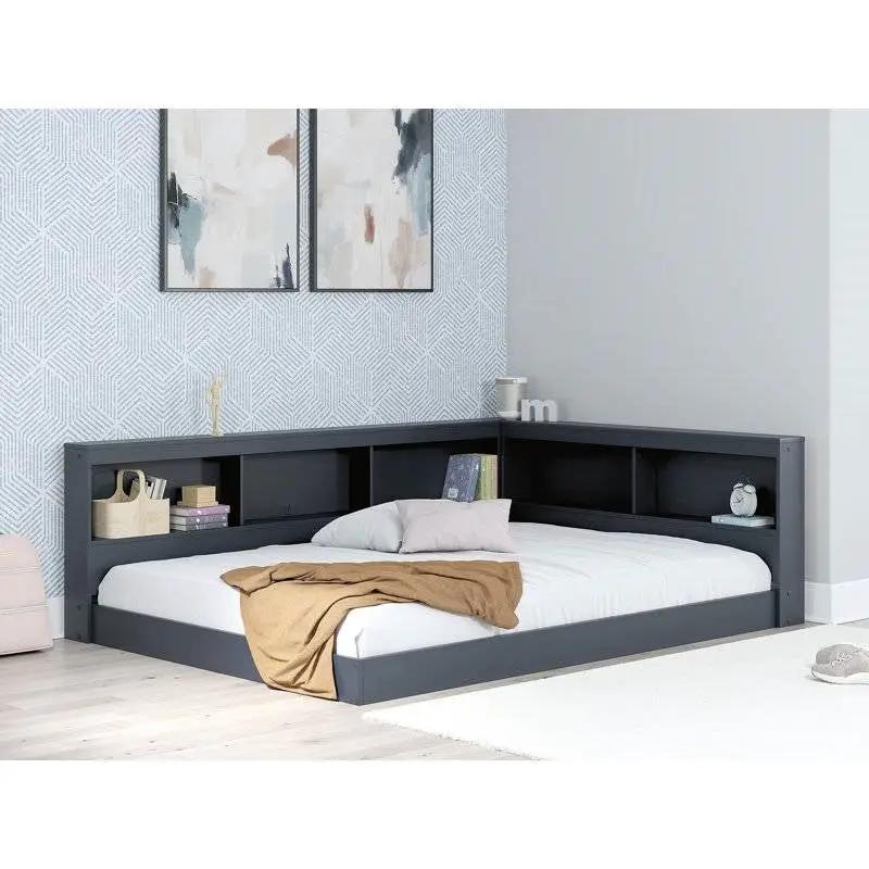Blue corner storage bed with bookcase headboard, platform bed with cubby shelves by HomePacific on Tampa Home & Garden Store