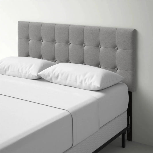 Full-size grey button-tufted headboard with square panels in upholstered fabric on Tampa Home & Garden Store