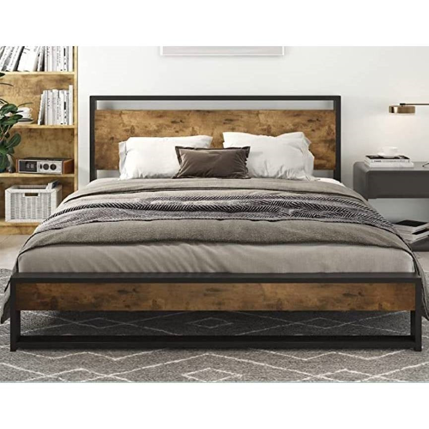 Estructura de cama moderna de plataforma estilo granja con cabecero y piecero de madera