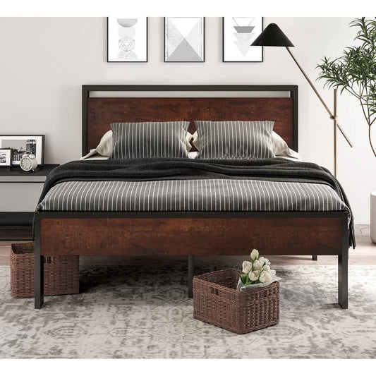 Full Metal Platform Bed Frame with Mahogany Wood Panel Headboard Footboard - Tampa Home & Garden Store