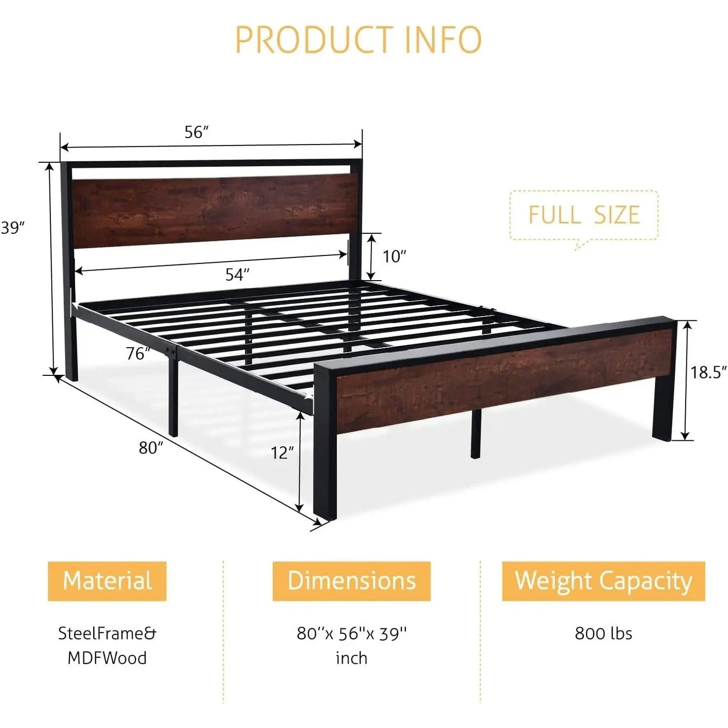 Full Metal Platform Bed Frame with Mahogany Wood Panel Headboard Footboard - Tampa Home & Garden Store