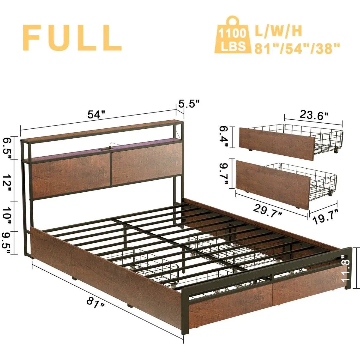 Full size Platform Bed with Headboard and Storage Drawers in Brown Wood Finish - Tampa Home & Garden Store
