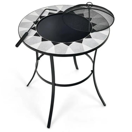 Portable fire pit table with mesh cover and fire poker, mosaic gray top, HomePacific on Tampa Home & Garden Store