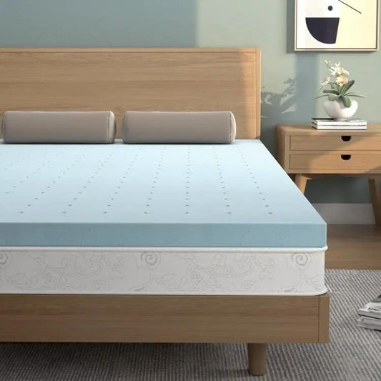 Full 4 Inch Gel Memory Foam Mattress Topper Blue on a bed with light wood headboard on Tampa Home & Garden Store
