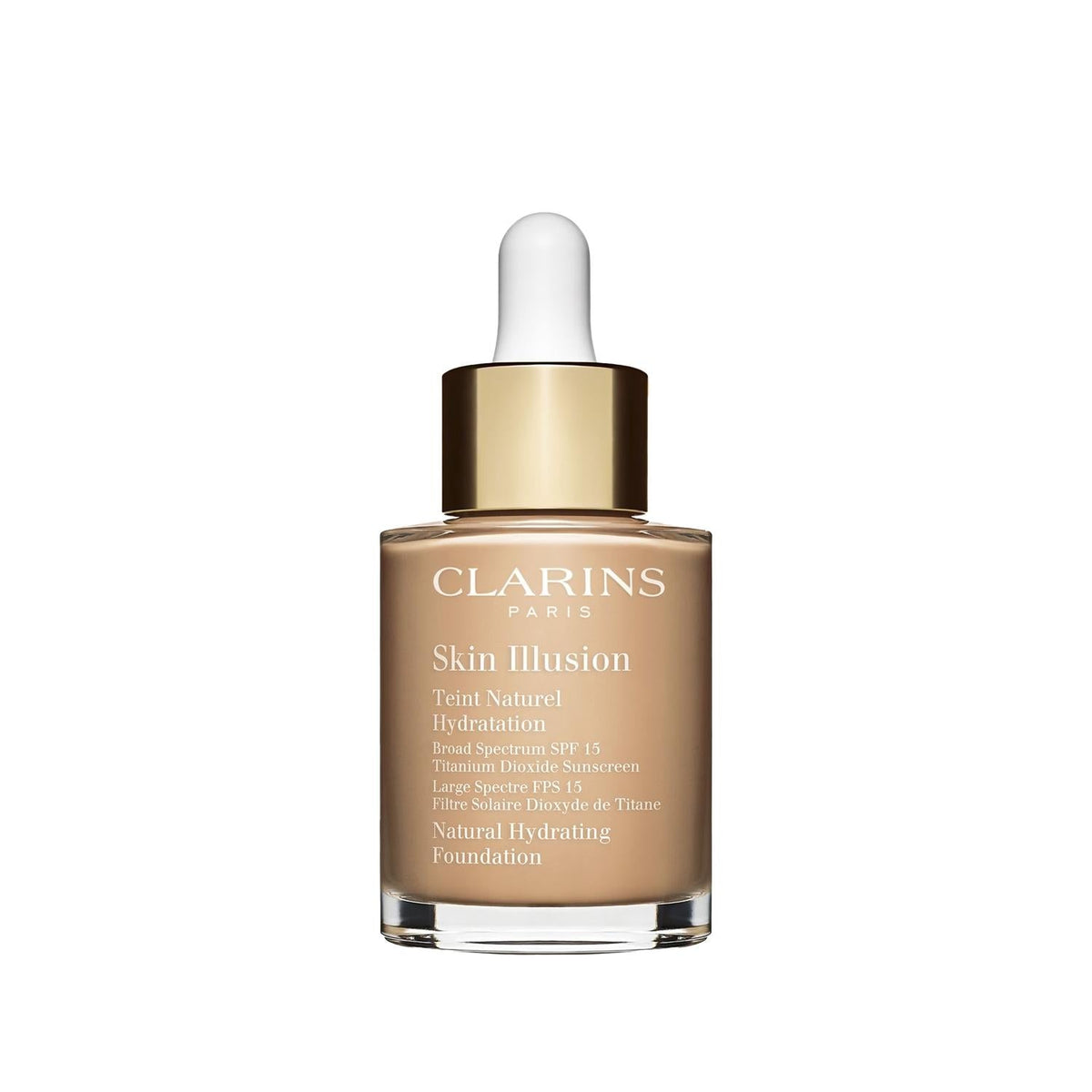 Clarins Skin Illusion foundation bottle with beige liquid, white dropper cap, gold collar on Tampa Home & Garden Store
