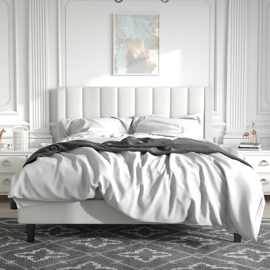 Full size White Velvet Upholstered Platform Bed Frame with Headboard - Tampa Home & Garden Store