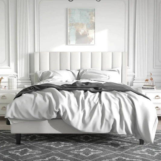 Full-size White Velvet Upholstered Platform Bed Frame with Headboard on Tampa Home & Garden Store