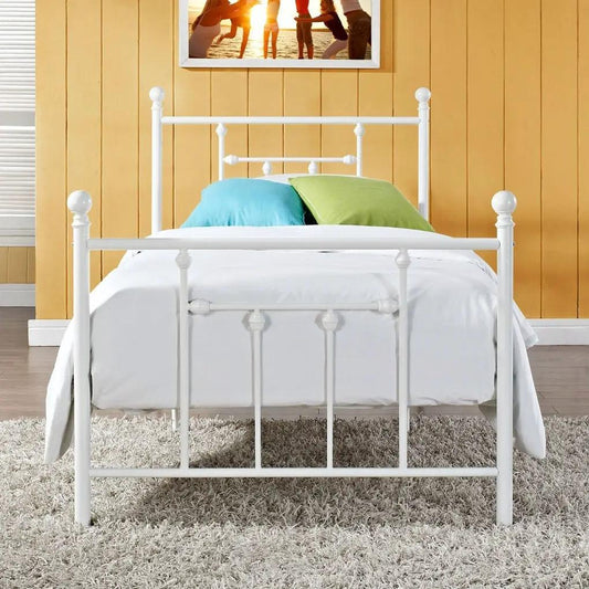 Full size white metal platform bed frame with headboard and footboard on Tampa Home & Garden Store