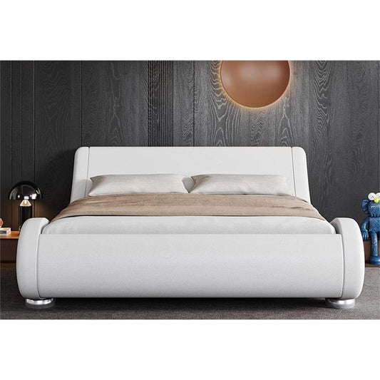 Full Modern White Upholstered Platform Bed Frame with Sleigh Curved Headboard - Tampa Home & Garden Store