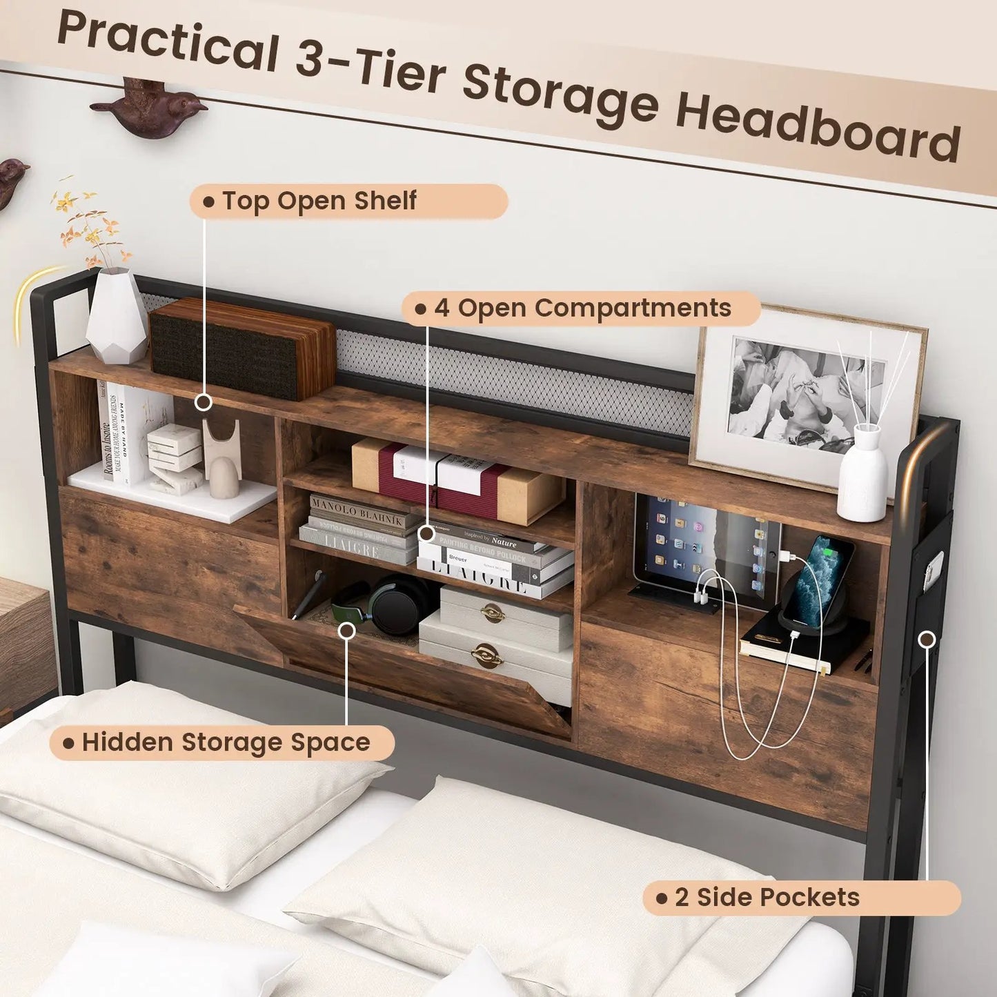 Full Queen Bed Frame with Bookcase Headboard, wood finish, 4 storage, 2 side pockets DirectDeals on Tampa Home & Garden Store