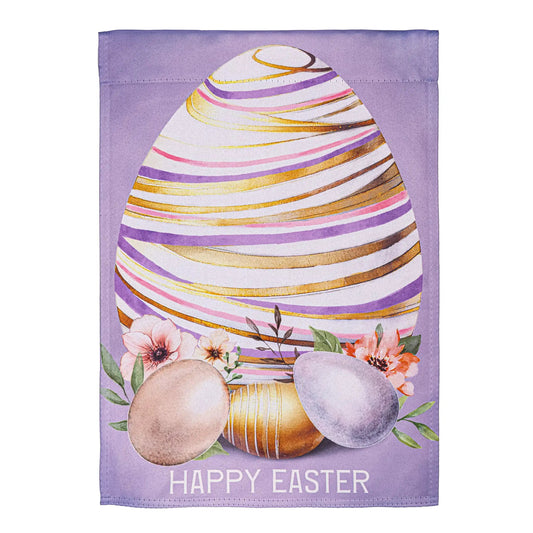 Faberge Easter Egg Suede Garden Flag with purple backdrop and bright striped egg design on Tampa Home & Garden Store