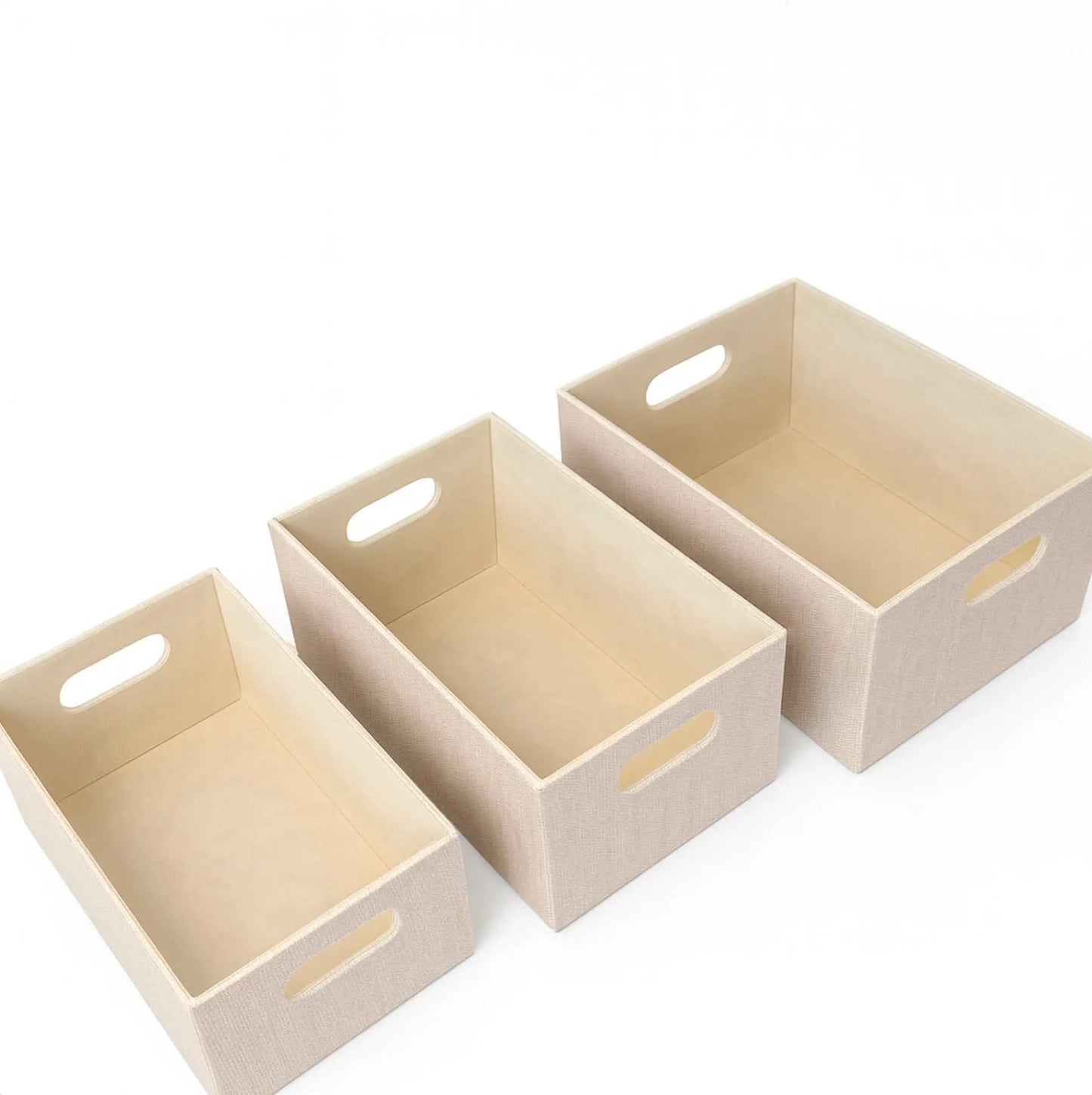 Fabric bin set of four with front and back handles in beige fabric by Horderly storage bins on Tampa Home & Garden Store