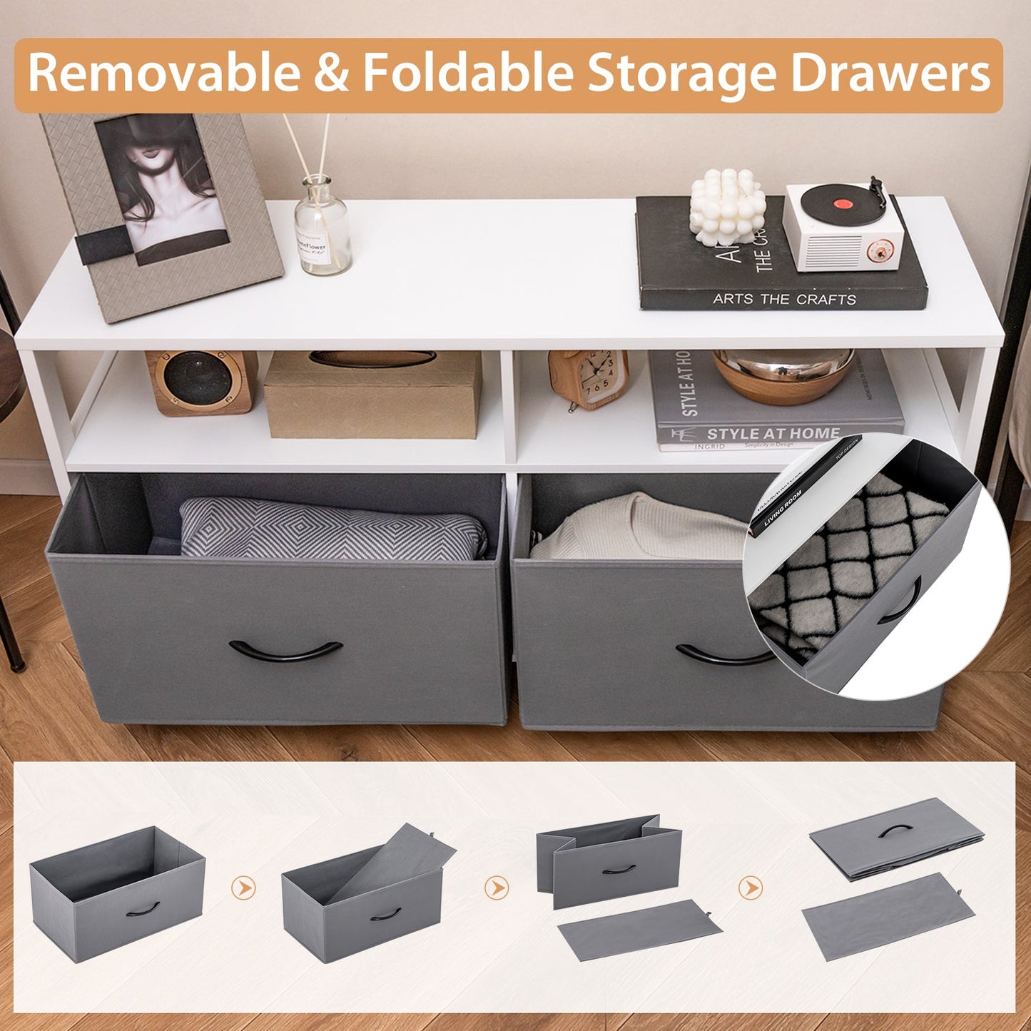 Fabric chest of drawers with two shelves in white frame and gray fabric drawers DirectDeals on Tampa Home & Garden Store