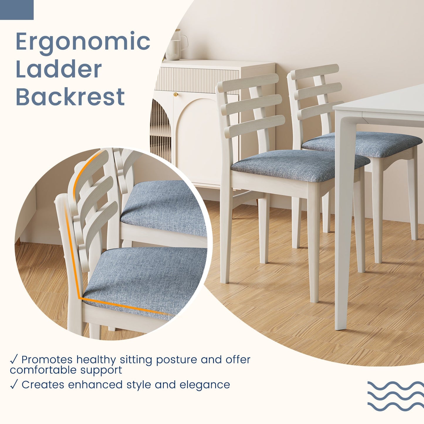 Sillas auxiliares de cocina de tela con estructura de madera de caucho y asiento acolchado - Blanco