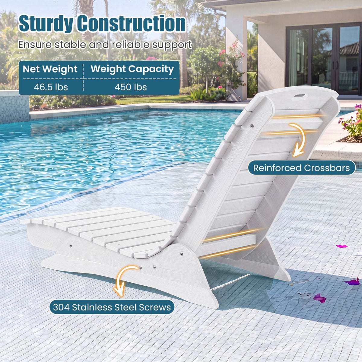 In-Pool Lounge Chair by DirectDeals, white plastic outdoor chair with reinforced crossbars on Tampa Home & Garden Store