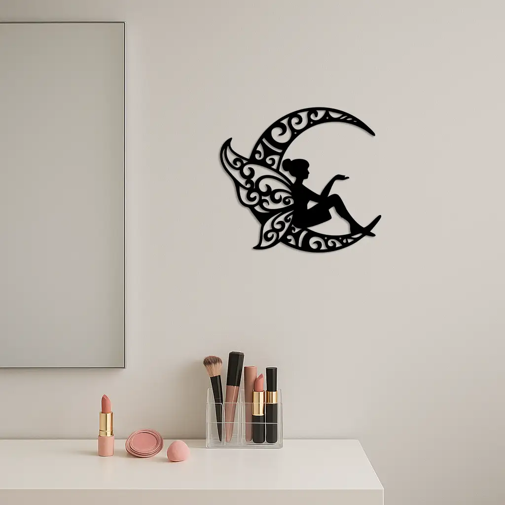 Fairy Sitting on Crescent Moon Metal Wall Art, black metal with ornate swirls, Enova Art on Tampa Home & Garden Store