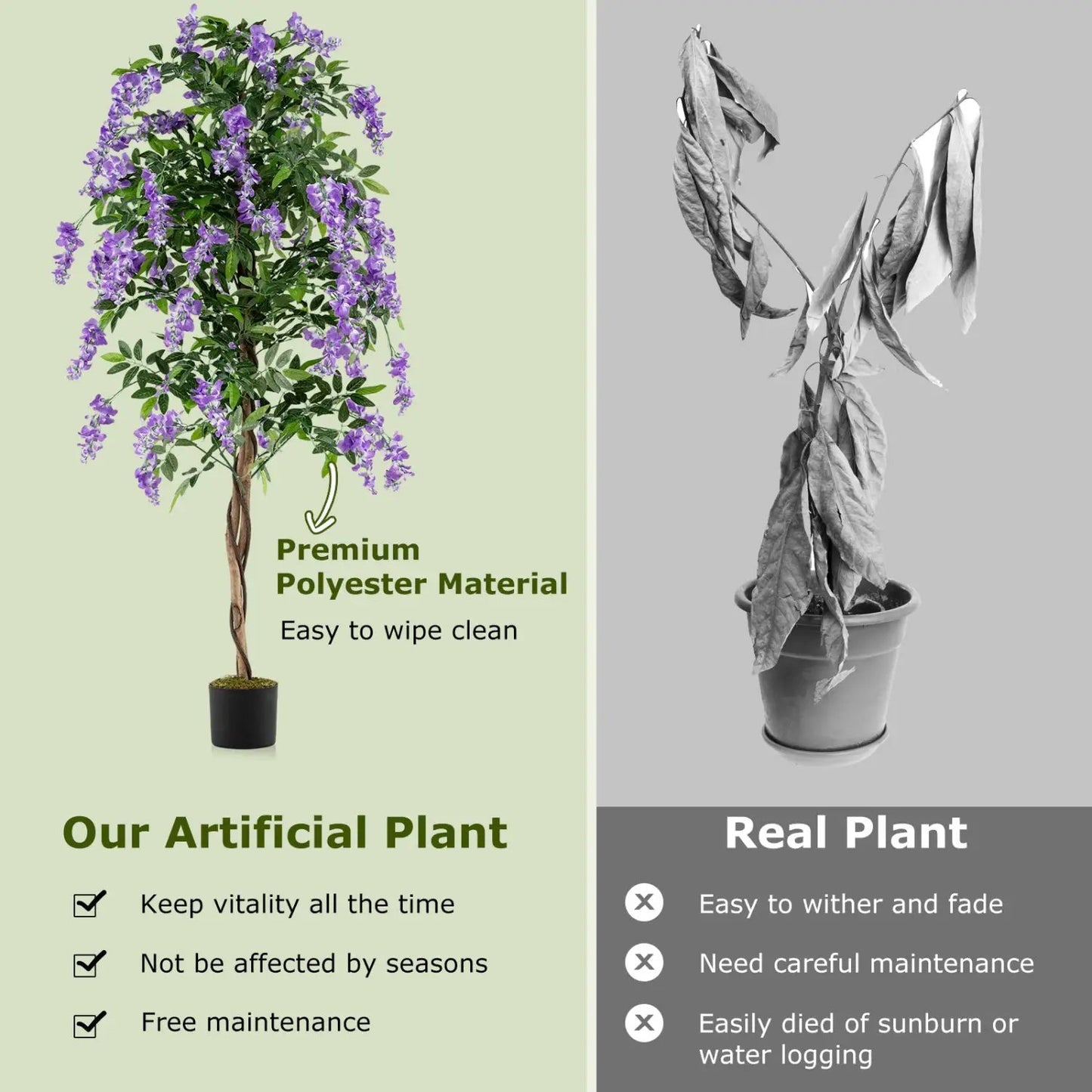 Two 6 ft artificial wisteria trees with purple blossoms in black pots, premium polyester material on Tampa Home & Garden Store
