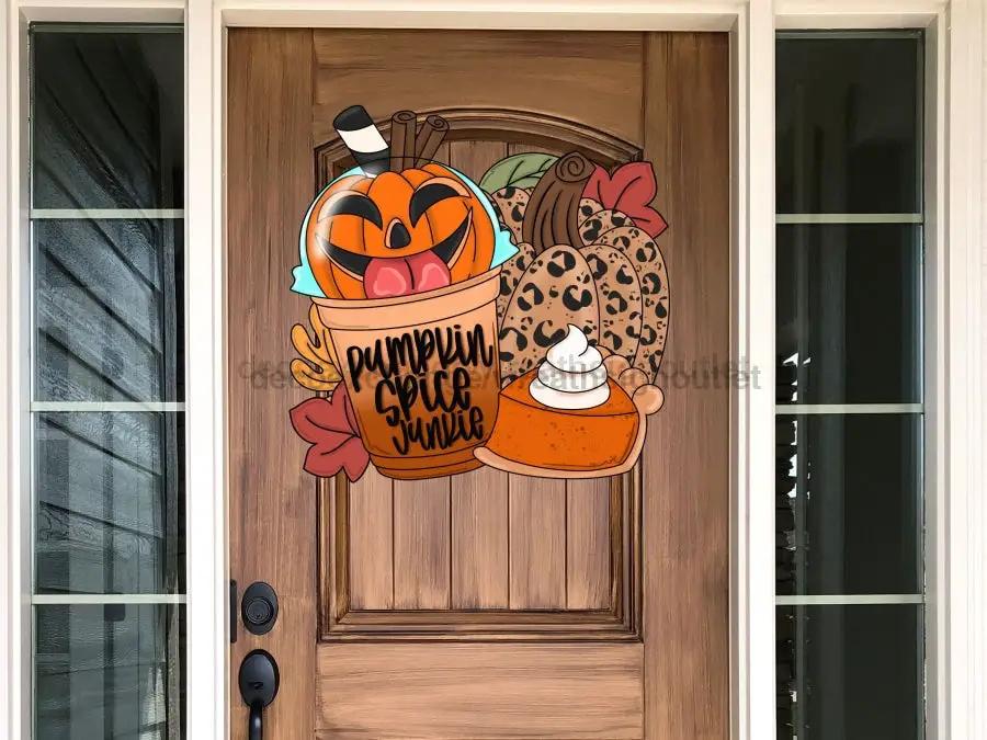 22in Door Hanger Fall Pumpkin Spice Sign with pumpkin bucket on wood door DecoExchange on Tampa Home & Garden Store