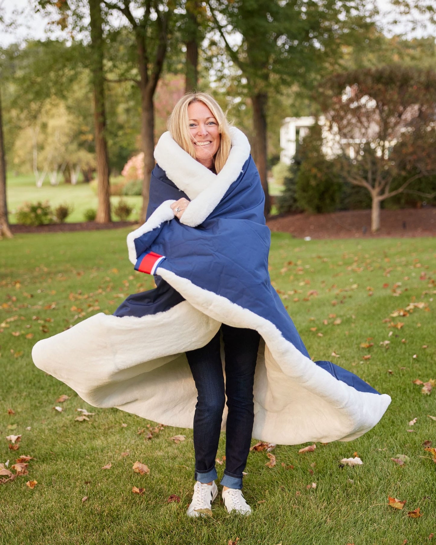 Nantucket on White Outdoor Large Blanket navy blue exterior with white sherpa lining on Tampa Home & Garden Store
