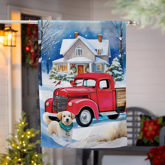 Family Christmas Truck Suede Flag showing a red vintage truck in a snowy scene with a dog on Tampa Home & Garden Store