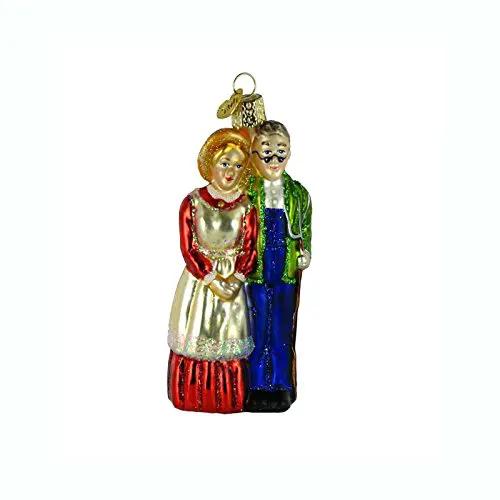 Farm couple glass ornament featuring a red-dress woman and green-jacket man with blue pants on Tampa Home & Garden Store