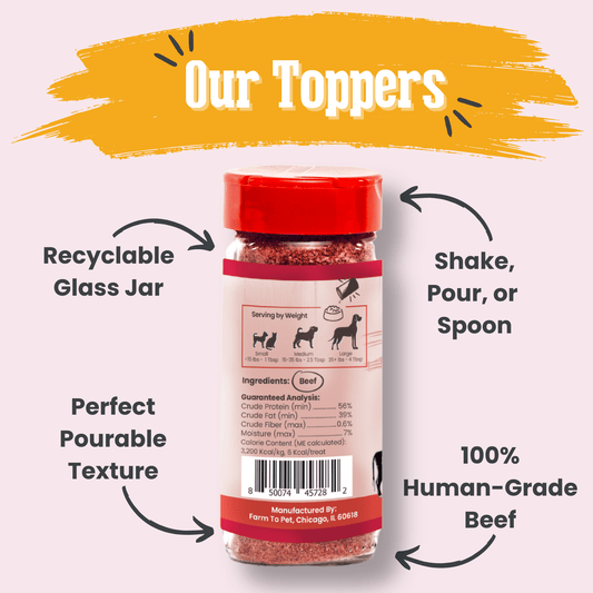 Beef dog food topper powder in glass jar with red lid, Farm To Pet brand on Tampa Home & Garden Store