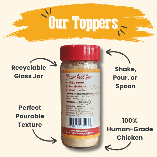 Farm To Pet Treat Topper Chicken Dog Food Topper in glass jar with red lid on Tampa Home & Garden Store