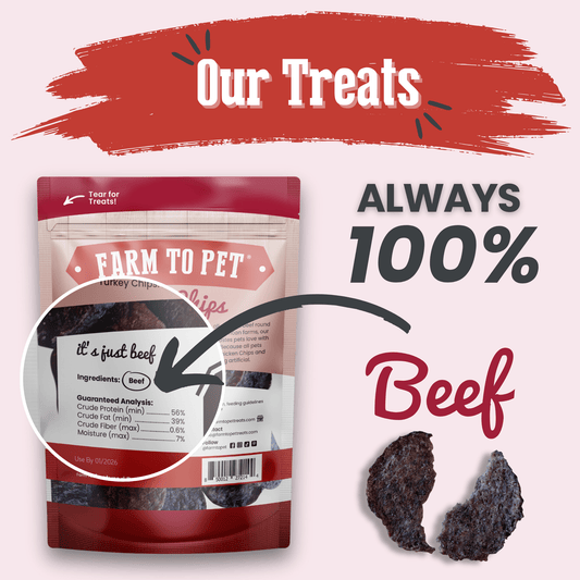 Beef Chips Dog Treats Farm To Pet, red packaging, single-ingredient beef on Tampa Home & Garden Store