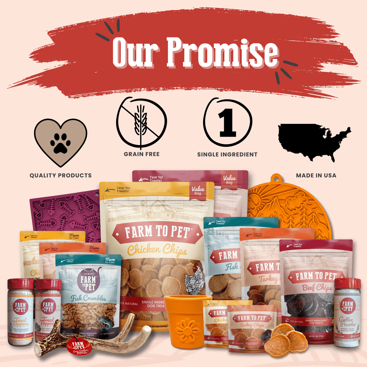 Turkey Chips for Dogs by Farm To Pet, single-ingredient grain-free dog treats assortment on Tampa Home & Garden Store
