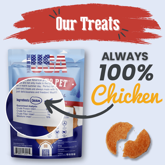 Americana Chicken Chips for Dogs bag by Farm To Pet, blue USA-made packaging dog treats on Tampa Home & Garden Store