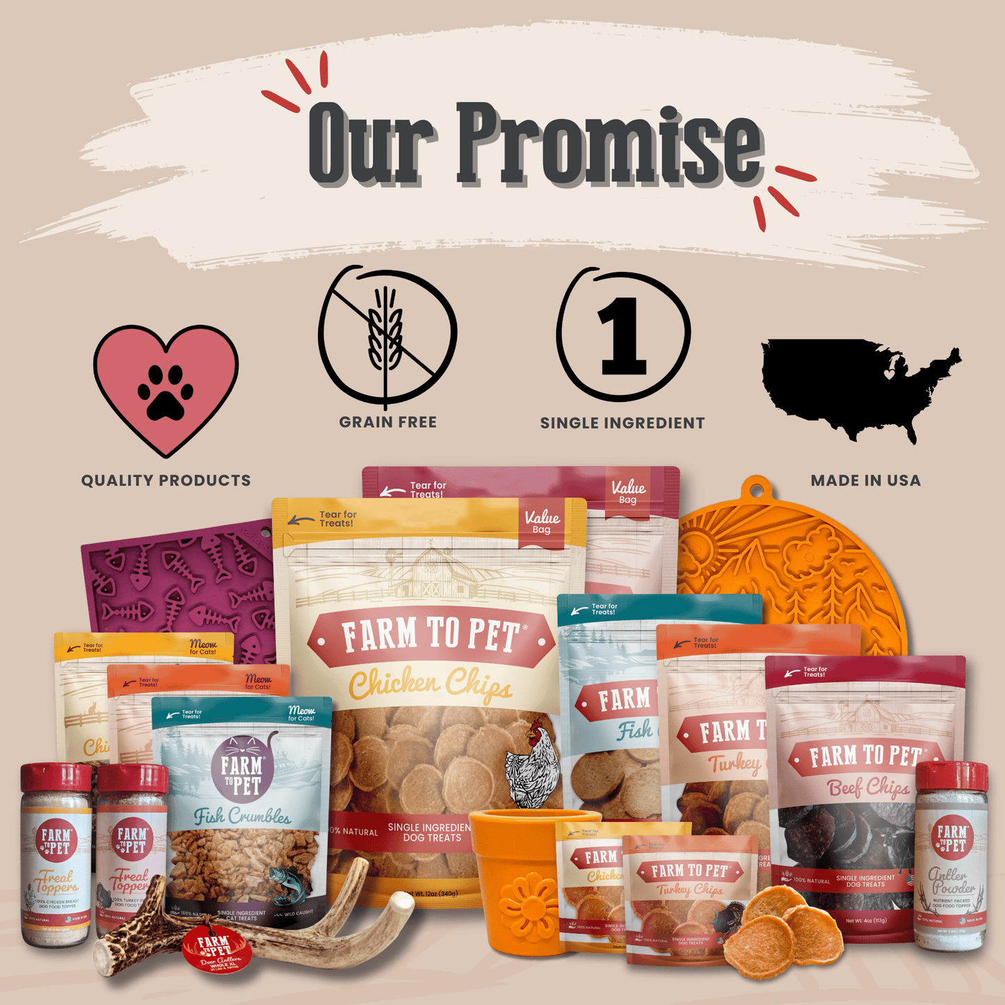 Farm To Pet Tote Bag displayed amid colorful dog treat packaging and paw icons on Tampa Home & Garden Store