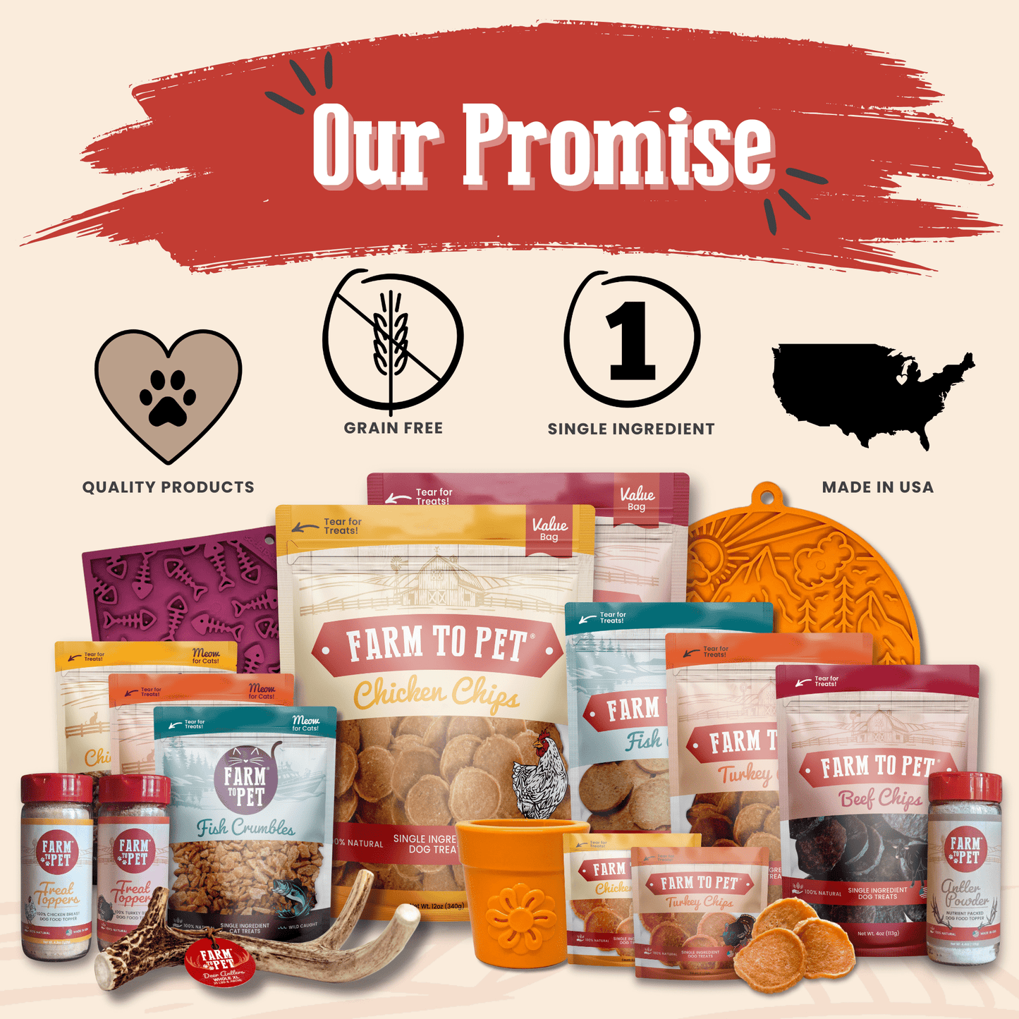 Snack Pack Dog Treat Sampler by Farm To Pet with assorted grain-free treats in colorful pouches on Tampa Home & Garden Store
