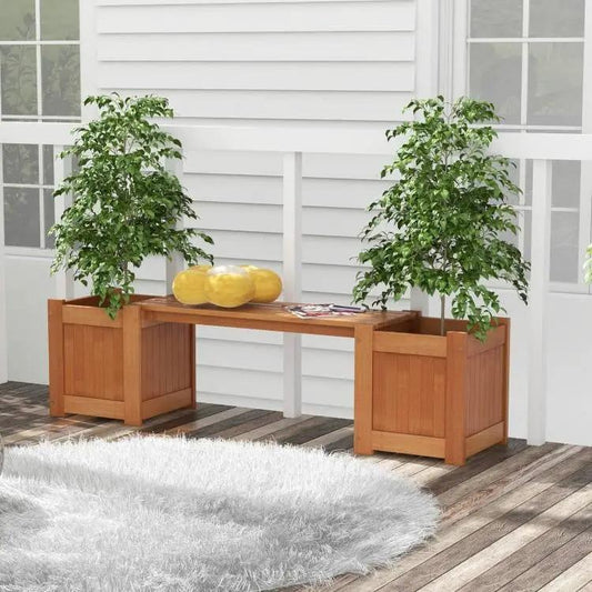 Outdoor wood planter boxes with garden bench set of 2 in natural wood by HomePacific on Tampa Home & Garden Store