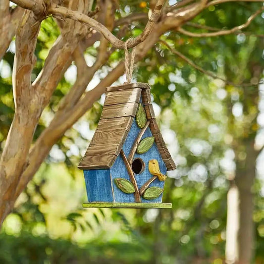 Farmhouse solid wood hanging birdhouse blue with brown roof and green leaf accents on Tampa Home & Garden Store