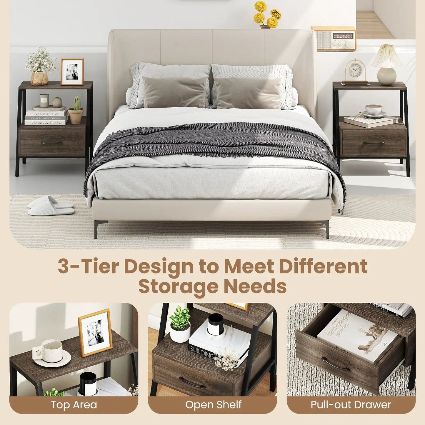 2 farmhouse nightstands with open shelf and drawer dark wood black metal frame DirectDeals on Tampa Home & Garden Store