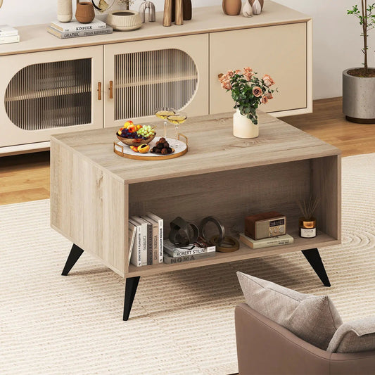 Farmhouse Accent Modern Coffee Table with Storage light oak finish black angled legs DirectDeals on Tampa Home & Garden Store