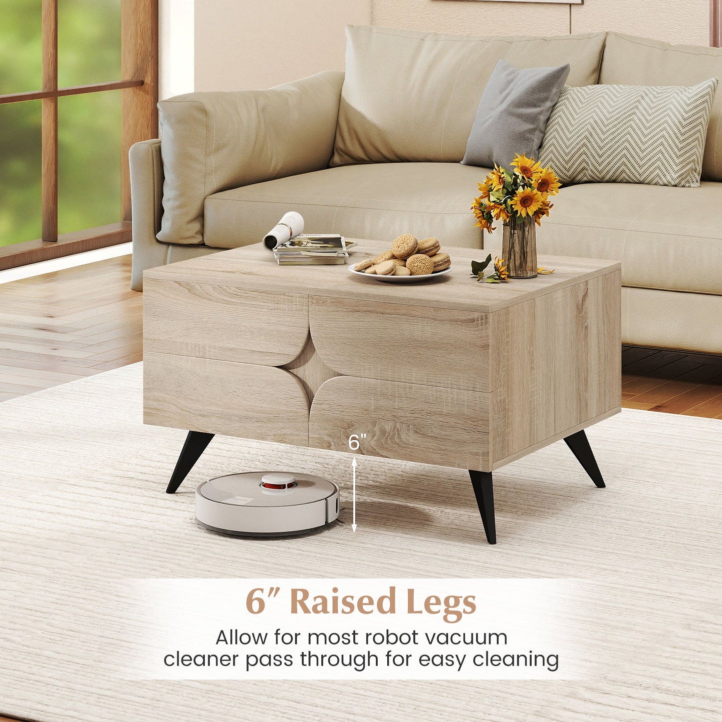 DirectDeals Farmhouse Modern Coffee Table with Storage in natural wood 6\" raised legs drawers on Tampa Home & Garden Store