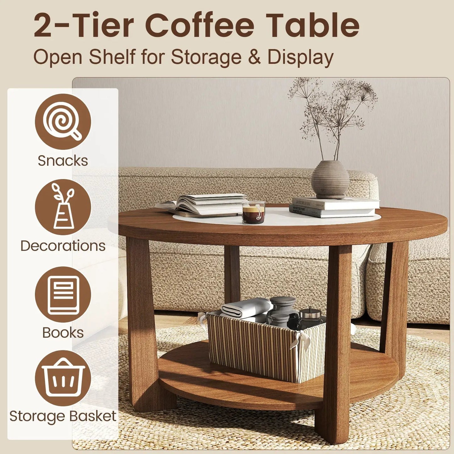 Farmhouse round coffee table in warm wood finish with open two-tier storage shelf and storage basket on Tampa Home & Garden Store