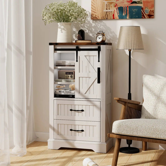 Farmhouse white bath floor cabinet with sliding barn door and black hardware top vase clock on Tampa Home & Garden Store