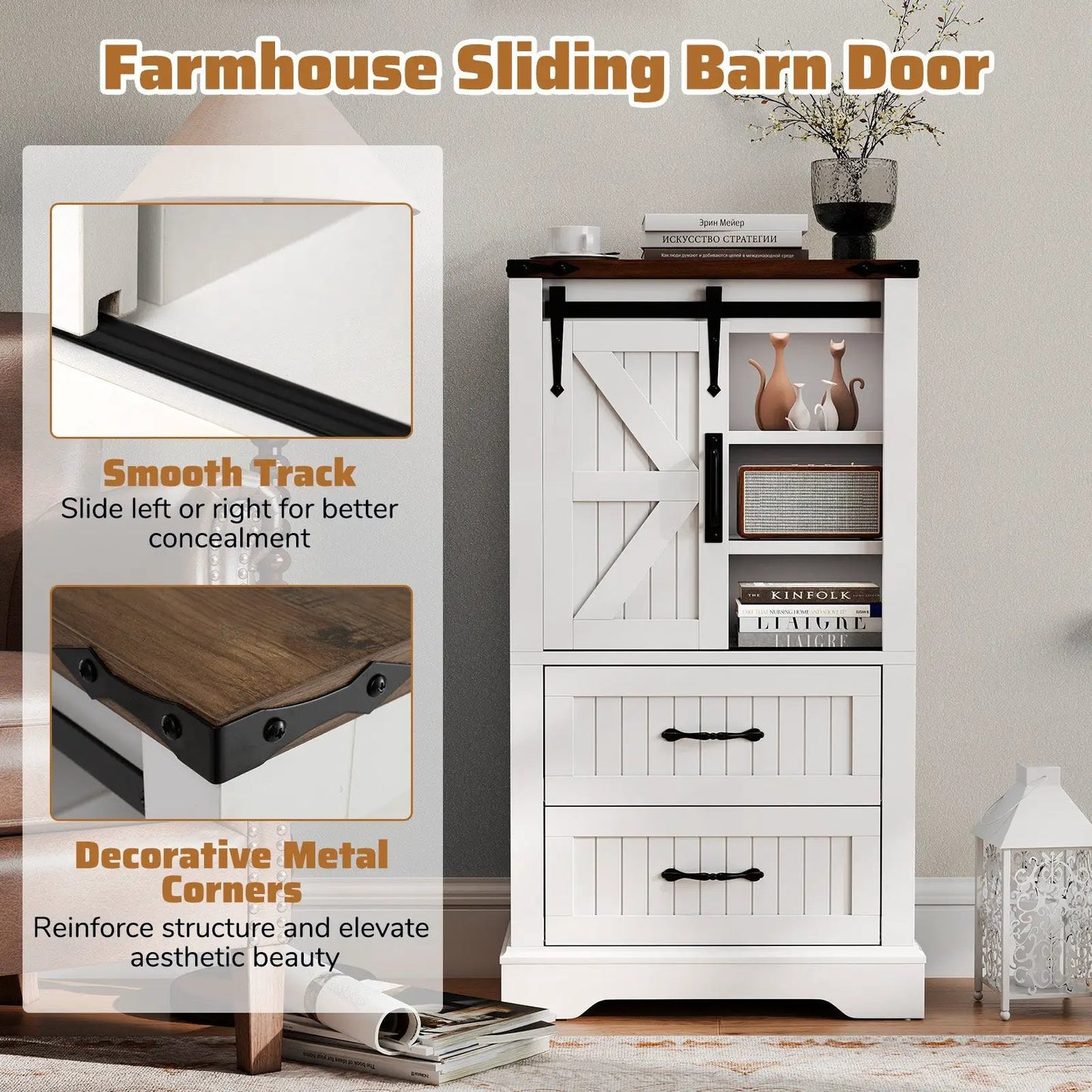 White farmhouse bathroom floor cabinet with sliding barn door and black hardware on Tampa Home & Garden Store
