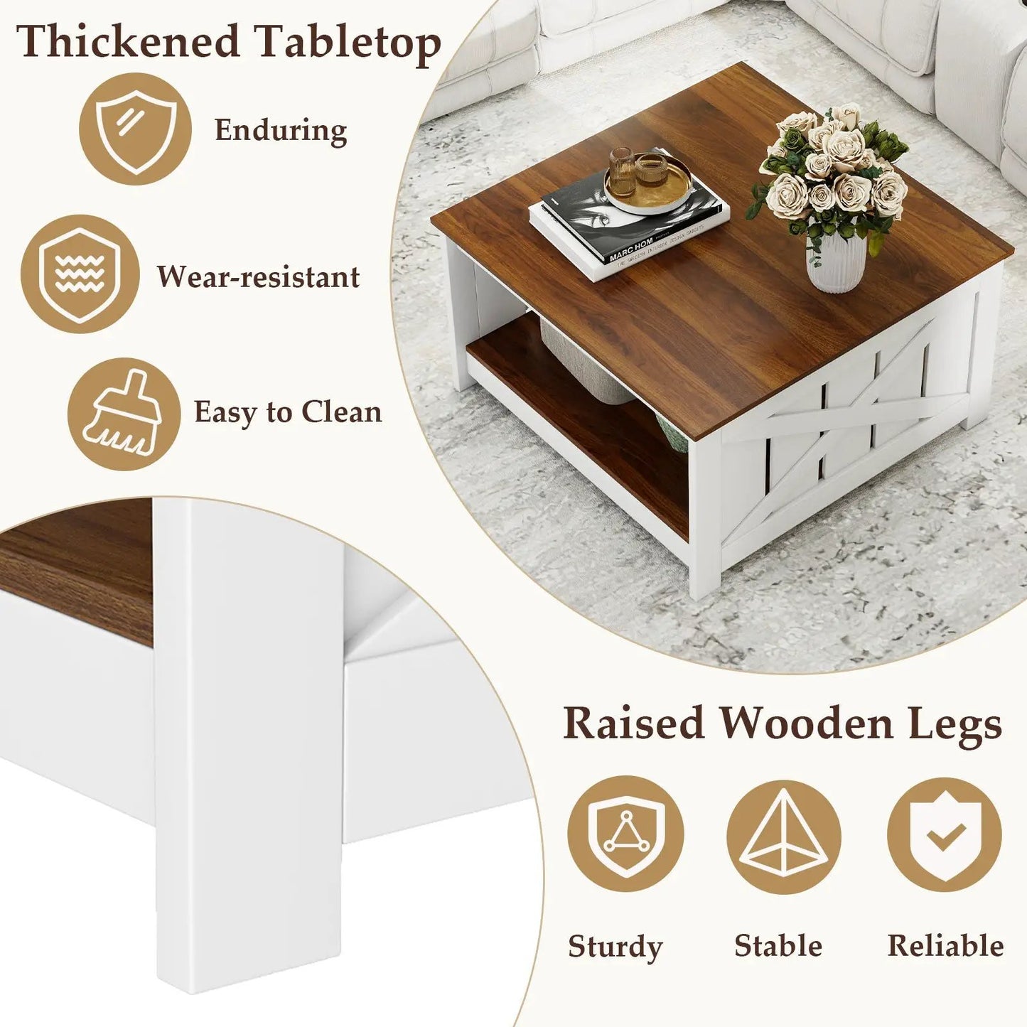 Farmhouse coffee table with white base and dark wood top, open storage shelf on Tampa Home & Garden Store