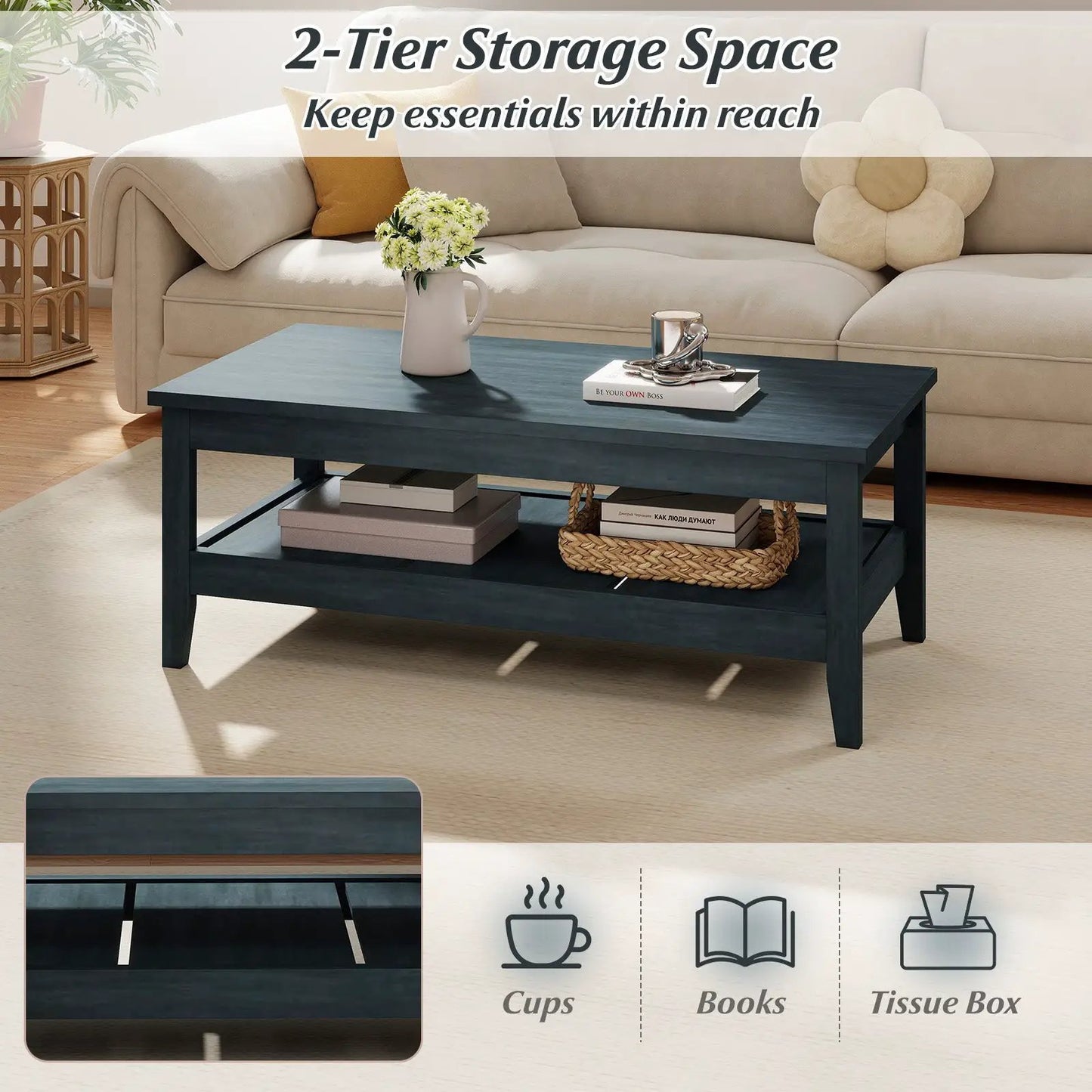 DirectDeals Farmhouse coffee table with thick top storage, dark blue wood, two-tier shelf on Tampa Home & Garden Store