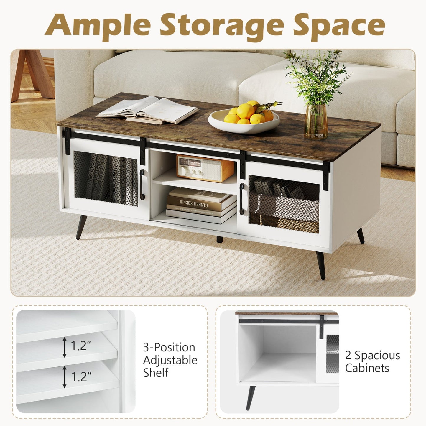 Farmhouse coffee table with sliding doors and adjustable shelf, white body, dark wood top on Tampa Home & Garden Store