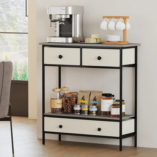 Farmhouse Console Table with Open Storage Shelf, black frame and beige fabric drawers on Tampa Home & Garden Store