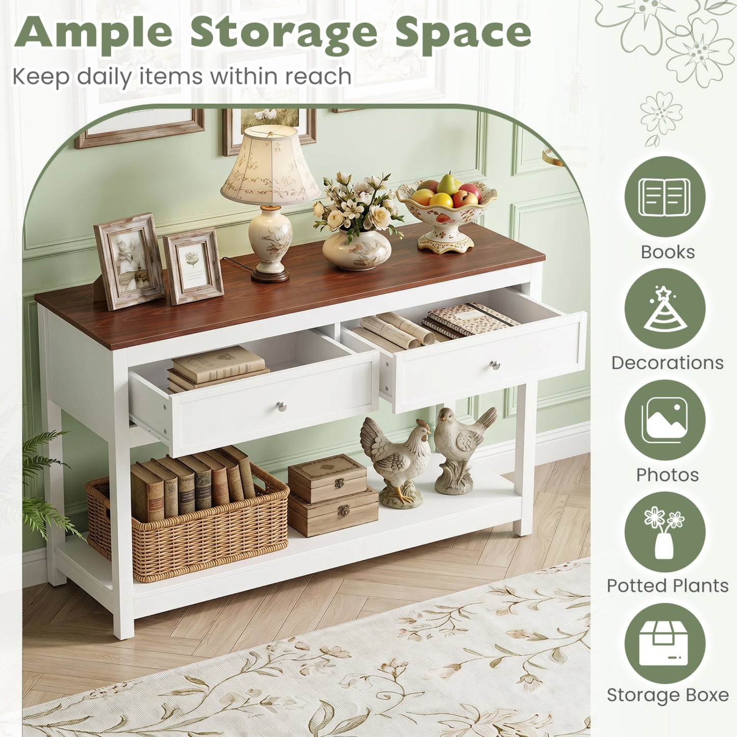 Console Table with 2 Drawers and Open Storage Shelf DirectDeals, white wood top, shown with lamp on Tampa Home & Garden Store