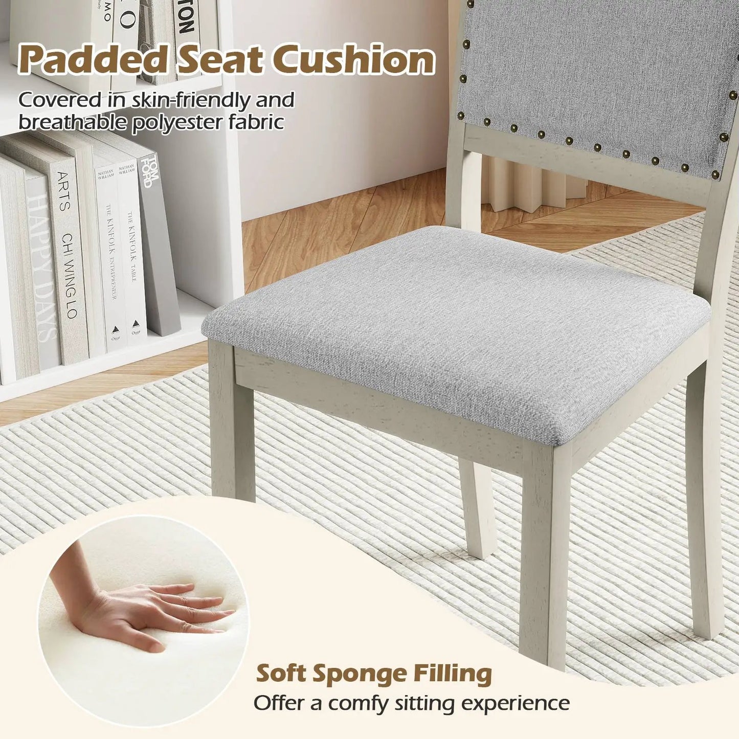 Farmhouse dining chair grey fabric upholstery with padded seat, wooden frame, nailhead trim on Tampa Home & Garden Store