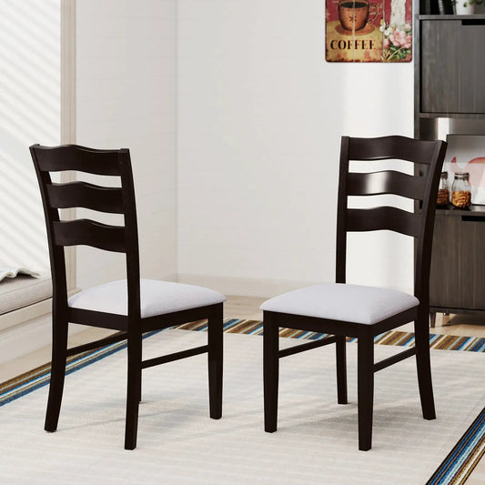 Farmhouse dining chairs set of 2 in dark espresso with ladder-back design and gray upholstered seats on Tampa Home & Garden Store