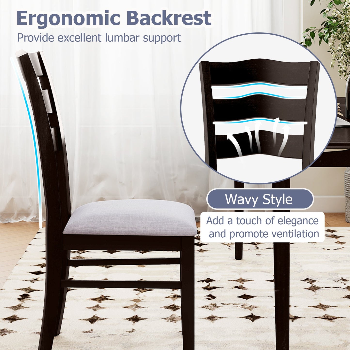 Farmhouse Dining Chairs Set of 2 with Backrest, dark wood frames and gray upholstered seats on Tampa Home & Garden Store