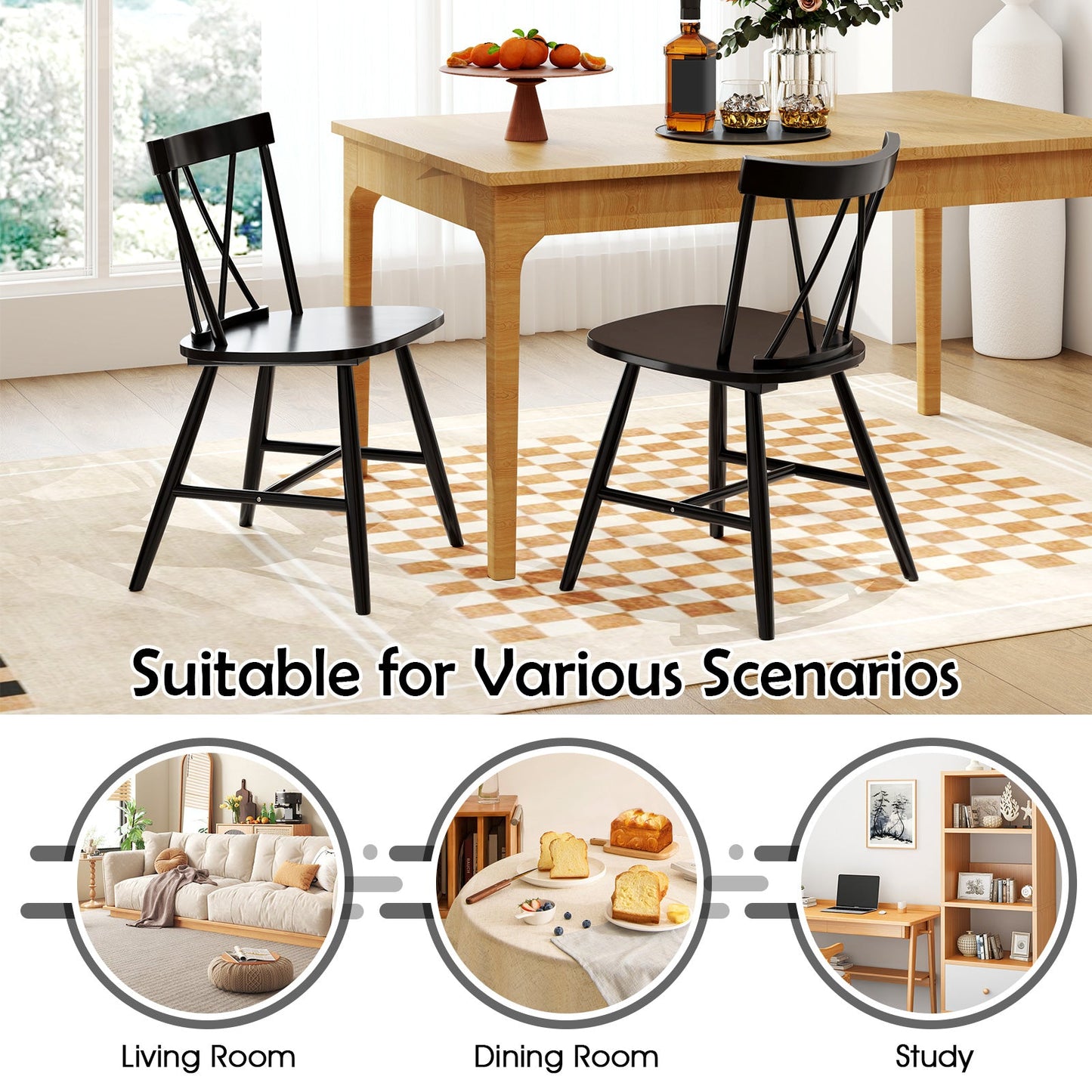 Farmhouse dining chair set of 2 in black with rubber wood frame around a light wood table on Tampa Home & Garden Store